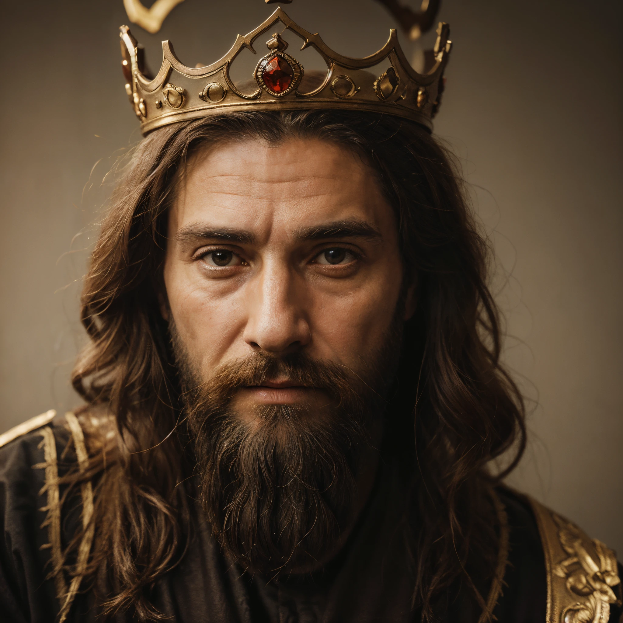(a wise old man,a powerful king,a biblical era),(oil painting,classic portrait),(detailed beard,aged wrinkles,majestic crown),(best quality,highres,ultra-detailed),(classic art style,portrait),(warm and rich color tones),(soft,gentle lighting)