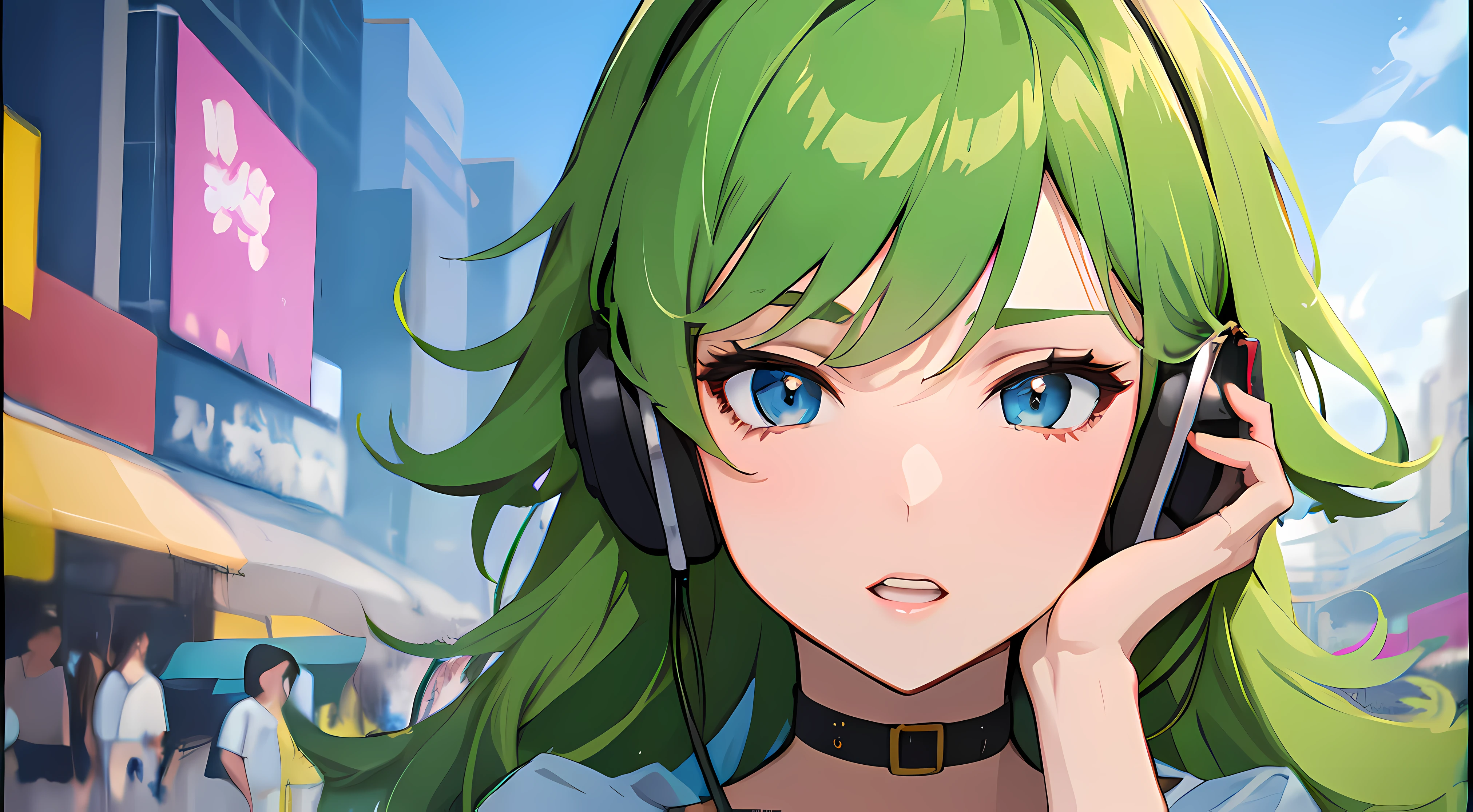 Garota Sexy com fones de ouvido, 2D anime with hand on face, rosto fofo, fanfic, anos 90s hip hop e cenario de festa
