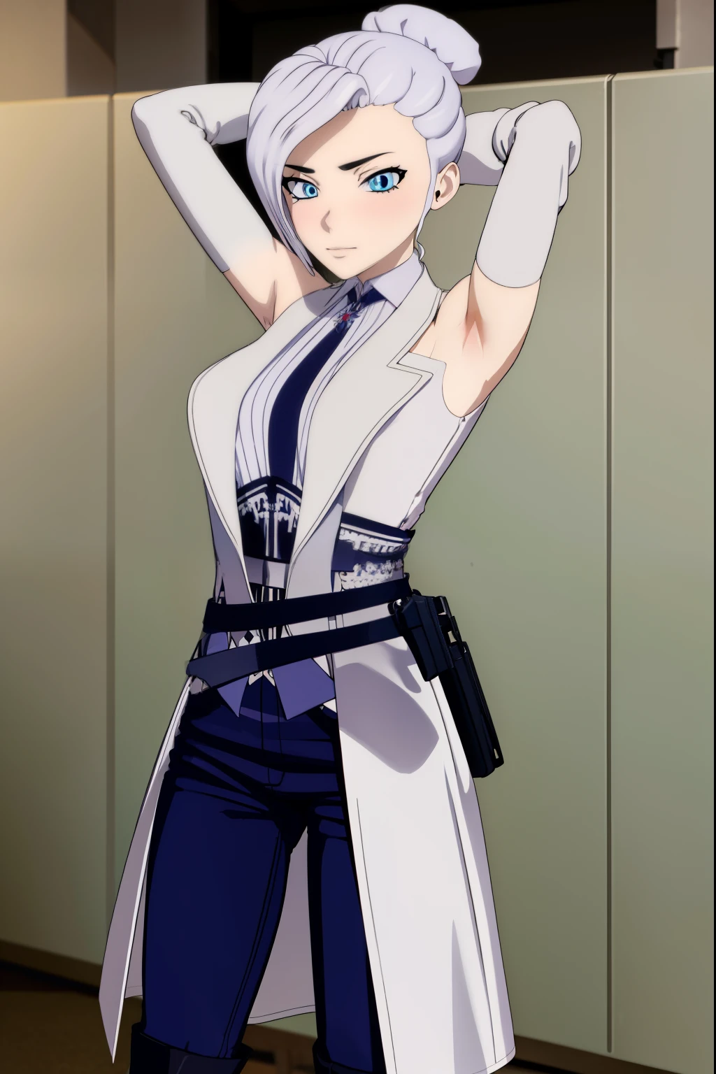 winterschnee, winter schnee, blue eyes, white hair, hair bun, single hair bun,
BREAK gloves, boots, necktie, black gloves, belt, pants, black footwear, uniform, high heels, coat, blue pants, knee boots, black necktie, high heel boots, white coat,
BREAK forest, dark sky, contrapposto, smile, spread armpits, cowboy shot, arms behind head,
BREAK looking at viewer, (cowboy shot:1.5),
BREAK (masterpiece:1.2), best quality, high resolution, unity 8k wallpaper, (illustration:0.8), (beautiful detailed eyes:1.6), extremely detailed face, perfect lighting, extremely detailed CG, (perfect hands, perfect anatomy),