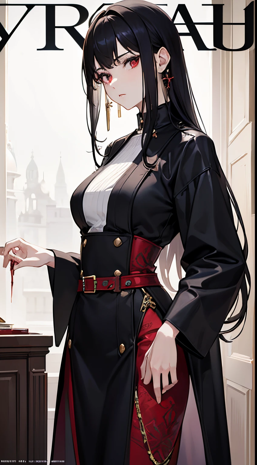 medieval setting, full view of body, 1 skinny female with large breast, beatiful smokey green eyes, black hair pinned up, off-shoulder midi dress, red scarf around her neck, eerie sunset