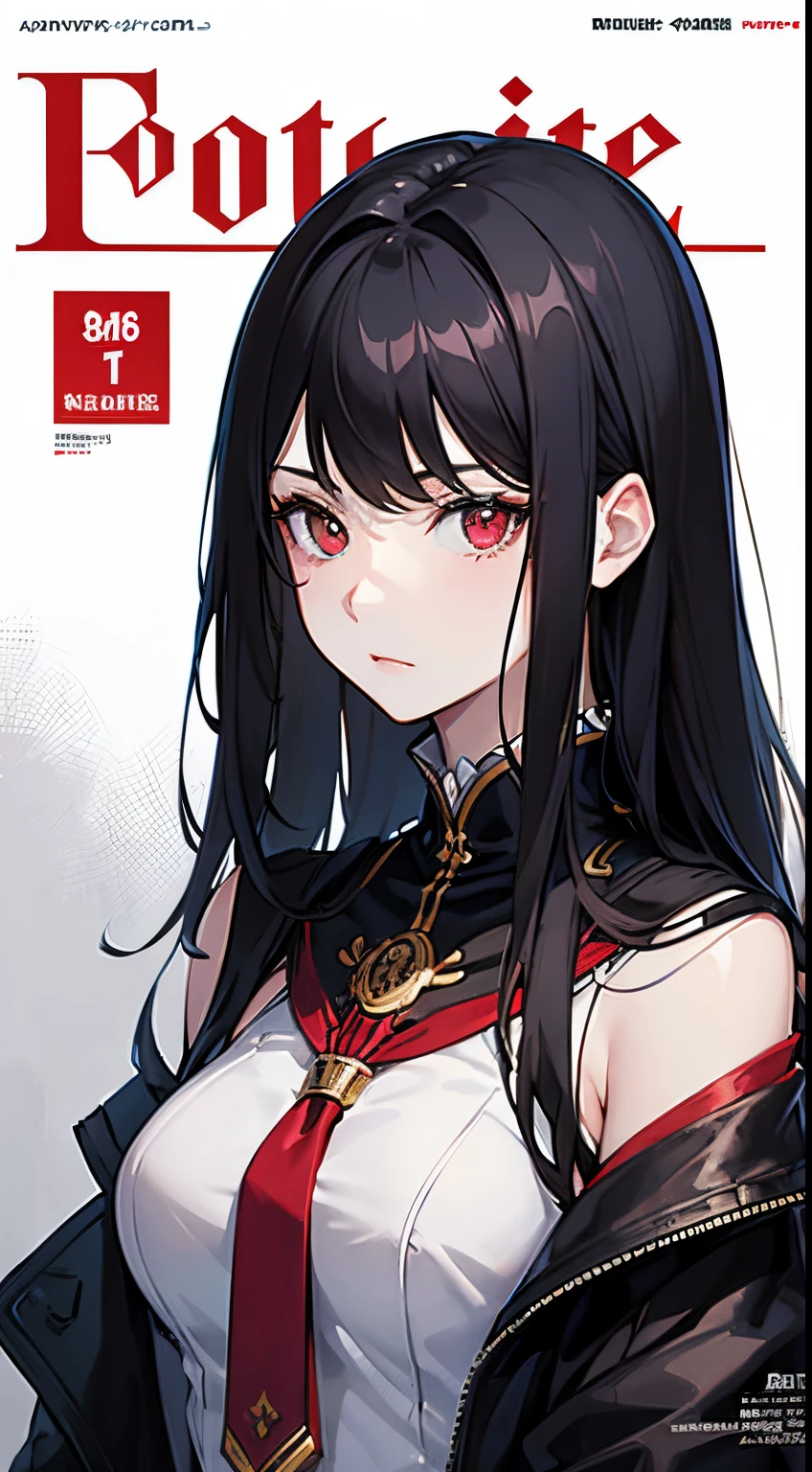 masterpiece, highlydetailed, ultra-detailed, cold, solo, (1woman), (pale skin), blood red eyes, frosty pitch black hair, young lady, medium breasts, goddess, cool kuudere woman, (sci-fi), (modern casual clothes), stoic, rude, lazy expression, (polite clothes), (close clotheuture clothelack clotheodel, actress, potrait, magazine cover