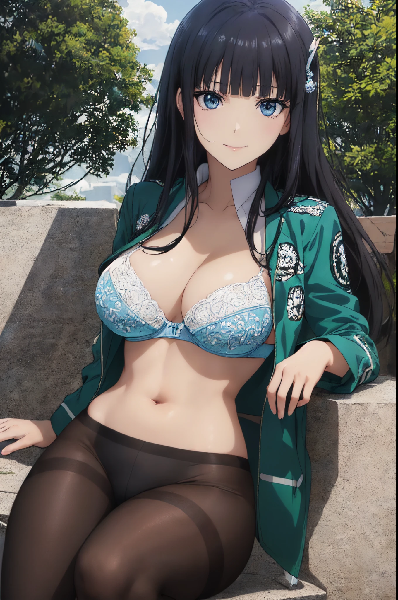 (​masterpiece:1.5),an animated character,Light shines on the face,light from the front,(very precise details,Ultra High Resolution:1.4),the Extremely Detailed CG Unity 8K Wallpapers,(Realistic,Photorealsitic,hyper realisitic:1.5),student clothes,(Green jacket,Pure white bra:1.4),(Black tie,Black stockings:1.4),(Long straight hair:1.4),(anime eyes,shinny eyes:1.3),(Curve,Model,glamor:1.5),(Large breasts:1.4),(Aesthetic Anime Eyes:1.4),Beautiful breasts,Farbe_aberration,beautiful detailed shadow,Beautiful eyes,Beautiful body,Beautiful skin,beautifull hands,(Attractive illustration of a young neat woman of 18 years:1.3),sitting on,Unclear,Mystical,(white hair ornament:1.4),(A dark-haired,Black eye,Medium straight hair:1.4),(Tsuriformes:1.4),(Thin Eyes:1.4),(blue eyess:1.4),Detailed long hair,with exquisite details,(Embroidered on white base:1.3), accentuating her curves,(arrogant smile:1.4),(A dark-haired:1.4),(Blunt bangs:1.4),(Seductive look,Erotic atmosphere,Erotic body:1.4),(Bangs are the same length:1.3),student clothes,(Green jacket:1.4),(Black stockings:1.4),