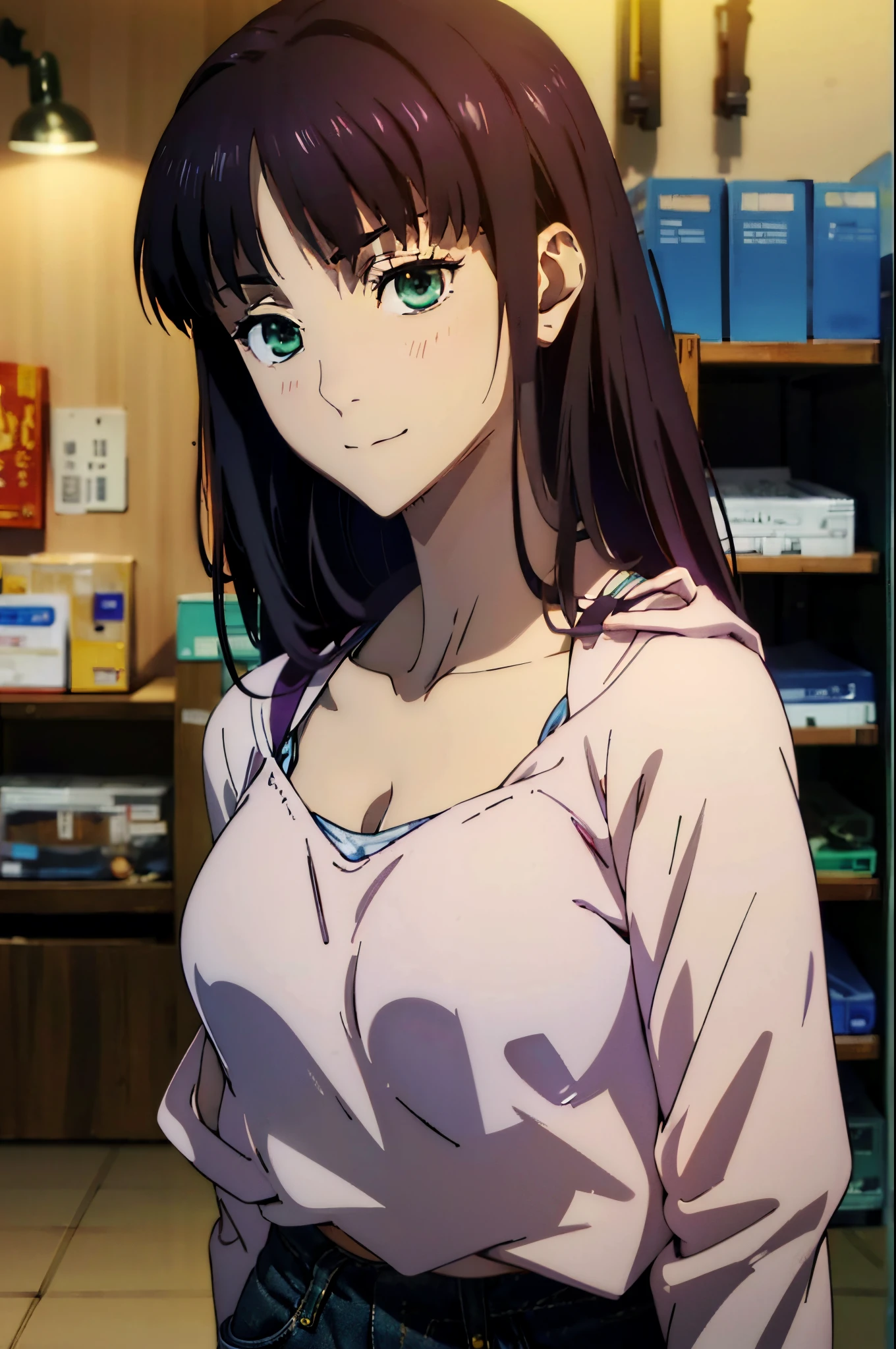 Smooth Anime CG Art, Anime girl in a hoodie, full body portrait painting!, anime style 4 k, made with anime painter studio, UHD,hiquality,Connect ticker and 8K, hight resolution,Very detailed CG, High quality shadows, Detail Beautiful delicate face, Detail Beautiful delicate eyes,BREAK(Highly detailed 8k wallpapers),(Highly detailed CG 8K wallpaper),Makima (chain saw man),Sukasaha (Fate/grand order),Shimohira Reihua ,Hi-Res,Very delicate and beautiful CG illustration,top-quality,beautiful thigh,big breasts thin waist,(((masutepiece))), (((Best Quality))),8K,32K,masterpiece,beautiful alluring anime woman,ultra-definition,ultra-detailliert,hight resolution,a hyperrealistic schoolgirl,masuter piece, Best Quality, High quality, High Definition, high quality texture, high quality shadow, high detailing,finely detail,A teenage girl,1girl in,High ,Solo,Soio,Only one person,Alone,One Person,taki,Mature atmosphere,Leg length,neat and long legs,8 Head Body,stature:171cm,Mature girls,Reddish-purple hair,Reddish-purple hair,Purple hair,cassis colored hair,silky and smooth hair,Colorful hair,Straight hair,Smile,Cool Beauty,Beautuful Women,Neat face, Beautiful realism,Seductive look,Bewitching look,serene expressions,beautiful hairl,She wears a necklace around her neck,Necklace,bead necklace,magatama accessories,A slight smil,Colorful eyes,green colored eyes,Jade-colored eyes,beautidful eyes,Bright eye,Delicat eyes,Eyes Like Gems,Jade Eyes,Hanging eyes,(Green eyes:1.5),Seductive face,Watching the viewer,Model photo,simple background,Black hair, longeyelashes, lightsmile, Reddish-purple hair, cassis colored hair, Hairpin, lightsmile, Seductive smile, Jade-colored eyes, PUPILS SPARKLING, Hanging eyes, multicolored eyes, anime style, Hyperrealism, Realism, anime, 8k, super detail, ccurate, best quality, 16k, anatomically correct, ccurate, UHD, 16k, highres, best quality,parka,Plain clothe,((Black Lowrise Skinny Long Jeans)),hooded sweatshirt,((Sweatshirt)),stroll,Building Street,Sunlight,blue-sky,stroll,Bustling street,during daytime,Walking,takeout,Out,Beautiful five-fingered,fashion modell,