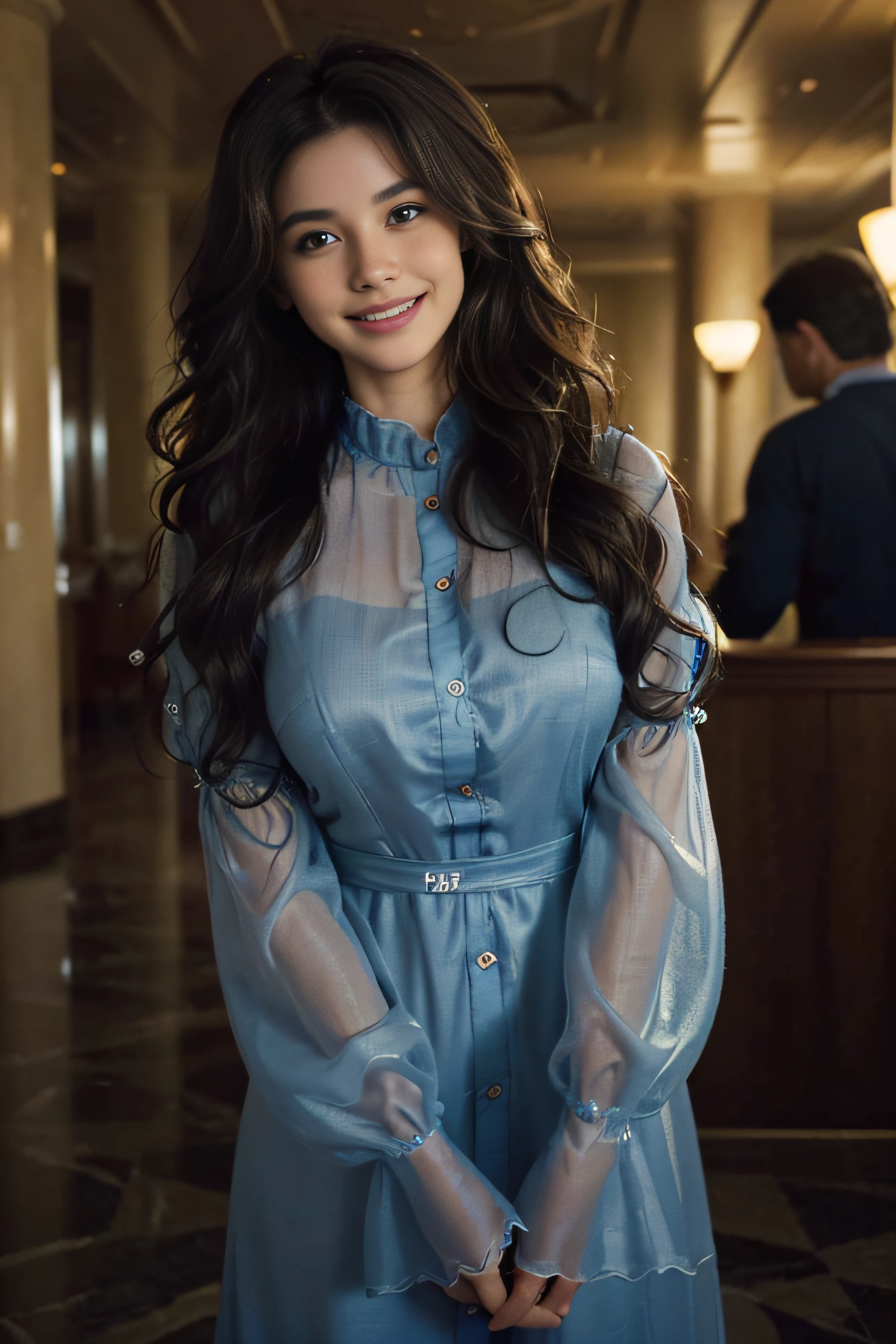 ((Very beautiful girl:1.3)) ((blue button dress_long-sleeve_see-through sleeves:1.4)) ((In the hotel lobby:1.3)) ((Thin_fabric:1.4)) ((Waiting for people:1.3)) ((Her face flushed、hair was loosely curled.:1.2,ikun:1.4)) ((breasts:1.2)) ((close-up:1.2)) Best Quality,masutepiece,超A high resolution,(Photorealistic:1.4),Raw photo,(Authentic skin texture:1.3),(Film grain:1.3),the panorama,Character Portrait,Very Wide Shot,Narrow waist,Cowboy Shot,(In the Dark, deepshadow, lowkey, cold light,) Night,((Loosely wavy hair:1.2)),Streaming Tears,,Dust,Tindall Effect,(expression),1girl in,beautiful detailed eyes and face,White Jabot,brown super long hair:1.22)) ((Smile:1.3))