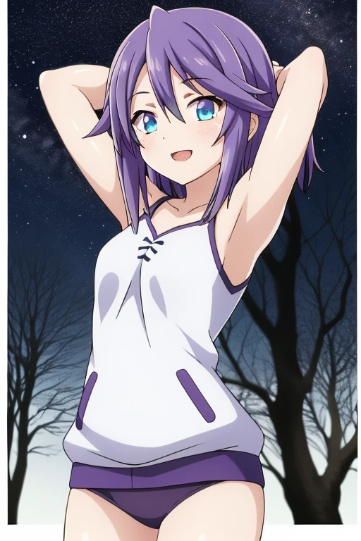 mizore_shirayuki ,1girl, solo, forest, dark sky, contrapposto, smile, spread armpits, cowboy shot, arms behind head,