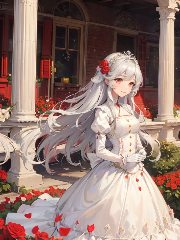 In front of a wonderful garden fountain、brightened light、red rose flower bed、girl with long silver hair、Classic White Wedding Dresses、Lots of races、lots of ribbons、Very voluminous puff sleeves、long cuffs with many buttons、golden embroidery、Long Train、white embroidered gloves、5 fingers、A smile、Redness of the cheeks