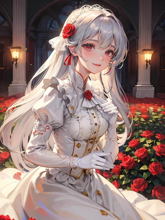 In front of a wonderful garden fountain、brightened light、red rose flower bed、girl with long silver hair、Classic White Wedding Dresses、Lots of races、lots of ribbons、Very voluminous puff sleeves、long cuffs with many buttons、golden embroidery、Long Train、white embroidered gloves、5 fingers、A smile、Redness of the cheeks