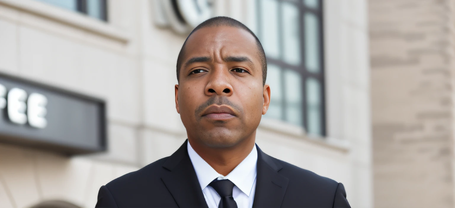 there a man in a suit and tie standing outside of a building, he has a devastated expression, photo of a man, concerned expression, serious and stern expression, solemn expression, stern expression, sad man, sad expression, sad exasperated expression, smug expression, professional closeup photo, jemal shabazz, tired expression, with a sad expression