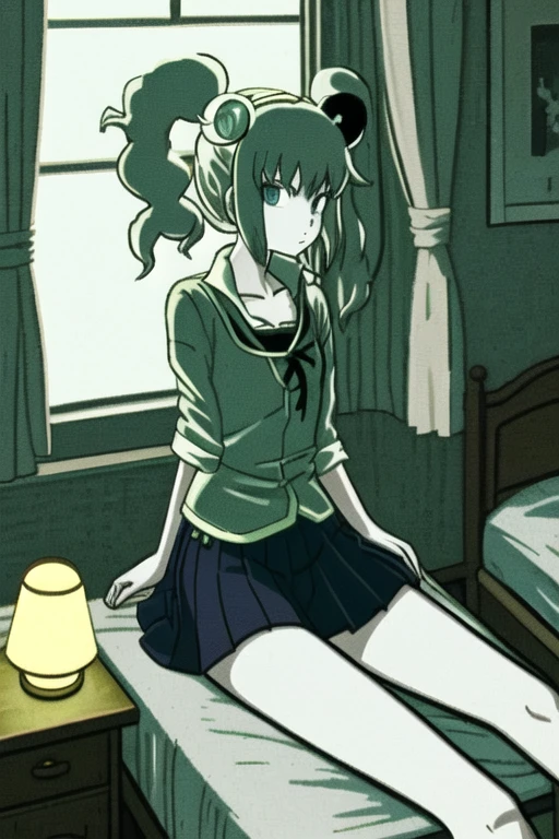 Anime girl sitting on the bed and looking out the window., Early evening, and the moonlight illuminates the room, lampshade brings counter light, (reinforced blows) (outlines with thick lines) stylized, a mixture of the artistic styles of Studio Ghibli and Gainax., anime style art 2010