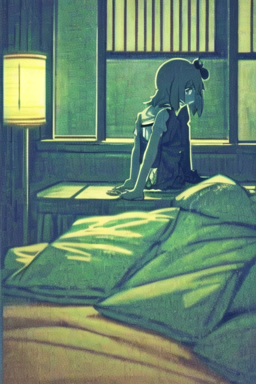 Anime girl sitting on the bed and looking out the window., Early evening, and the moonlight illuminates the room, lampshade brings counter light, (reinforced blows) (outlines with thick lines) stylized, a mixture of the artistic styles of Studio Ghibli and Gainax., anime style art 2010