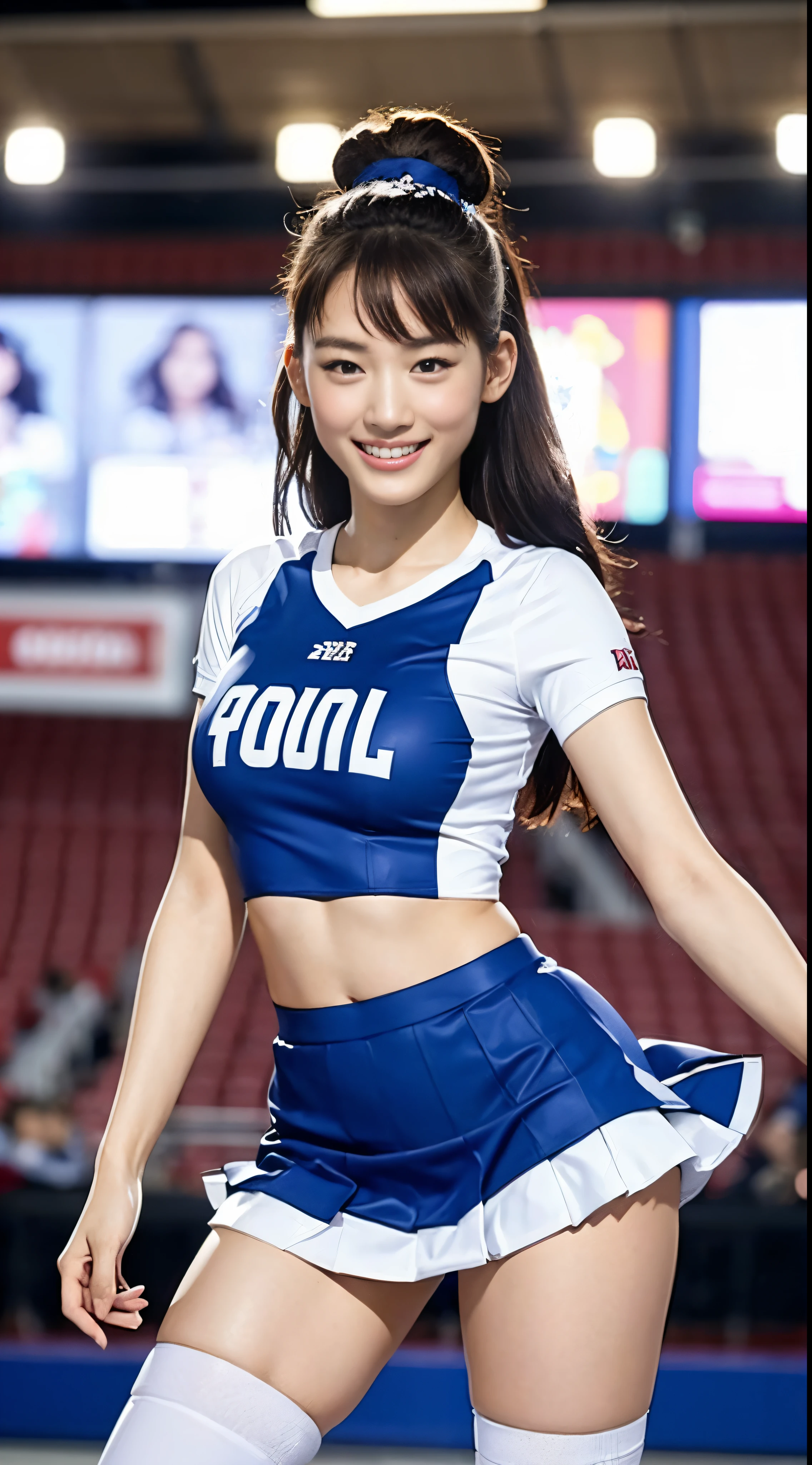 Asian cheerleaders posing dynamically with pom-poms in stadium, Bon Hair, close-up,  Photo,  , Small breasts, Raw photo, Best Quality, High resolution, (masutepiece), (Photorealistic:1.4), Professional Photography, Sharp Focus, nffsw, 8K resolution, intricate-detail, depth of fields, Highly detailed CG Unity 8k wallpaper, Front light, NSFW, Women, girl, beautiful supermodel, Smile, slender, Small Cheer Uniform, Blue, frilled miniskirt, kneehigh boots,One lady,25-years old