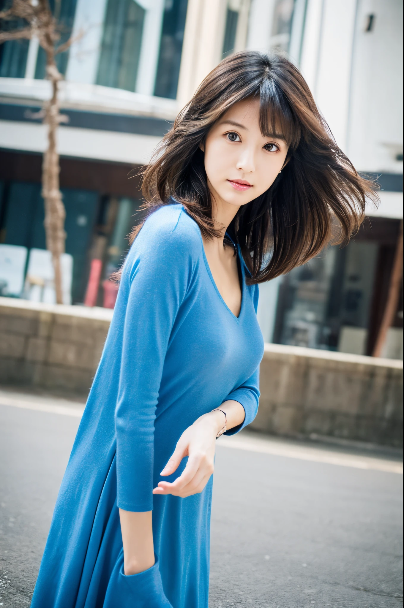 (High reality photograph, high resolusion, detailed face, detailed eyes, various angle) Japanese lady, 40 years old, cute face, skinny figure, very skinny waist, various hair style, tight knit dress with emphasizing her body line, standing in a various place, full-body photo