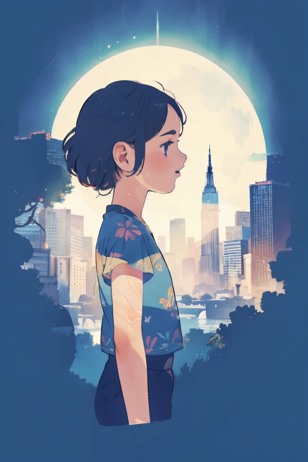 Depicting events in a dream、The moonlight was a little hazy、 Translucent girl、Moonlight passes through the body、((Multiple exposure where the background passes through the body))、I can see your beautiful feet、full body Esbian、Buildings on the background、Midnight City、