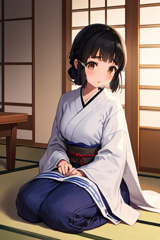 1girl, sozinho,
myoukou \(Kancolle\),
dentro, Japanese-style room, Tatami, Shiromuku,Capuz Branco,quimono branco, Seiza, sorrir,