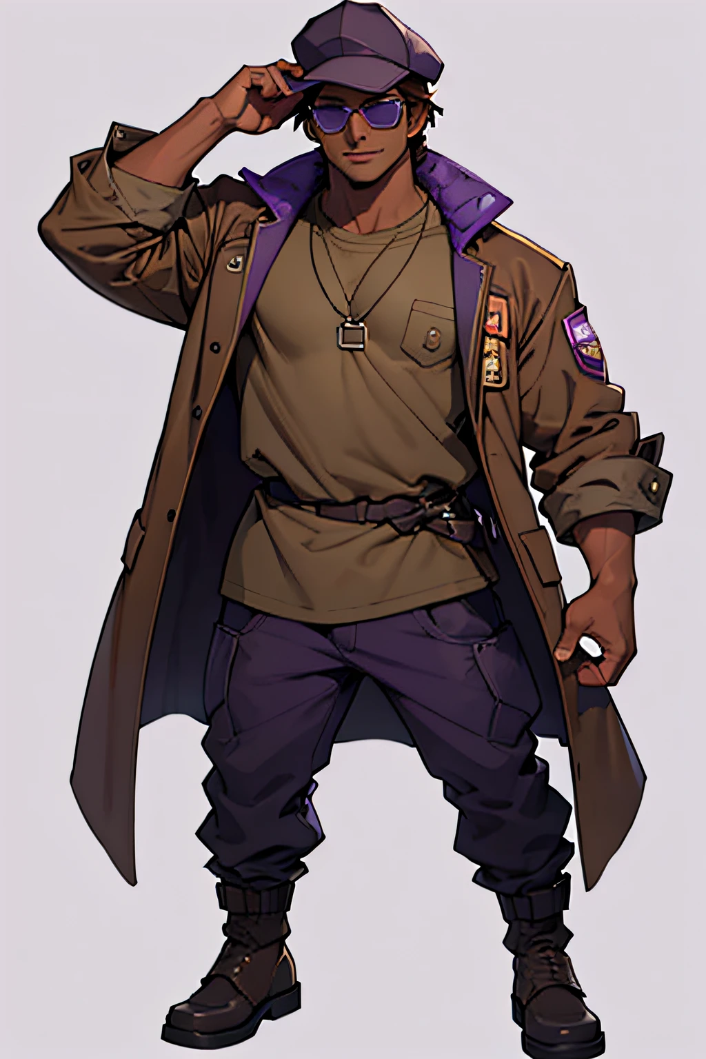Full body avatar of a person wearing sunglasses, hat and purple jacket, ( ( Dark skin ) ), ( Brown skin ), dark purple skin, ( ( Brown skin ) ), Purple skin, Dark-skinned, Dark skinned, greg ], inspired by Nyuju Stumpy Brown, villager, [[[[grinning evily]]]], skin tanned,