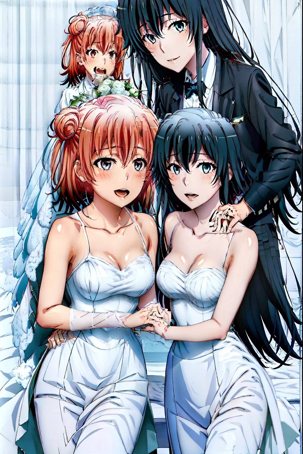 (Best Quality), 2Woman,2girl , yukinoshita yukino, Yuigahama yui , marriage, yukinoshita yukino wears tuxedo , eyes blue, White shirt under the jacket of  , business suit, suit, Tuxedo,,Yuigahama yui wears wedding Dress, yukinoshita yukino holding Yuigahama's Waist