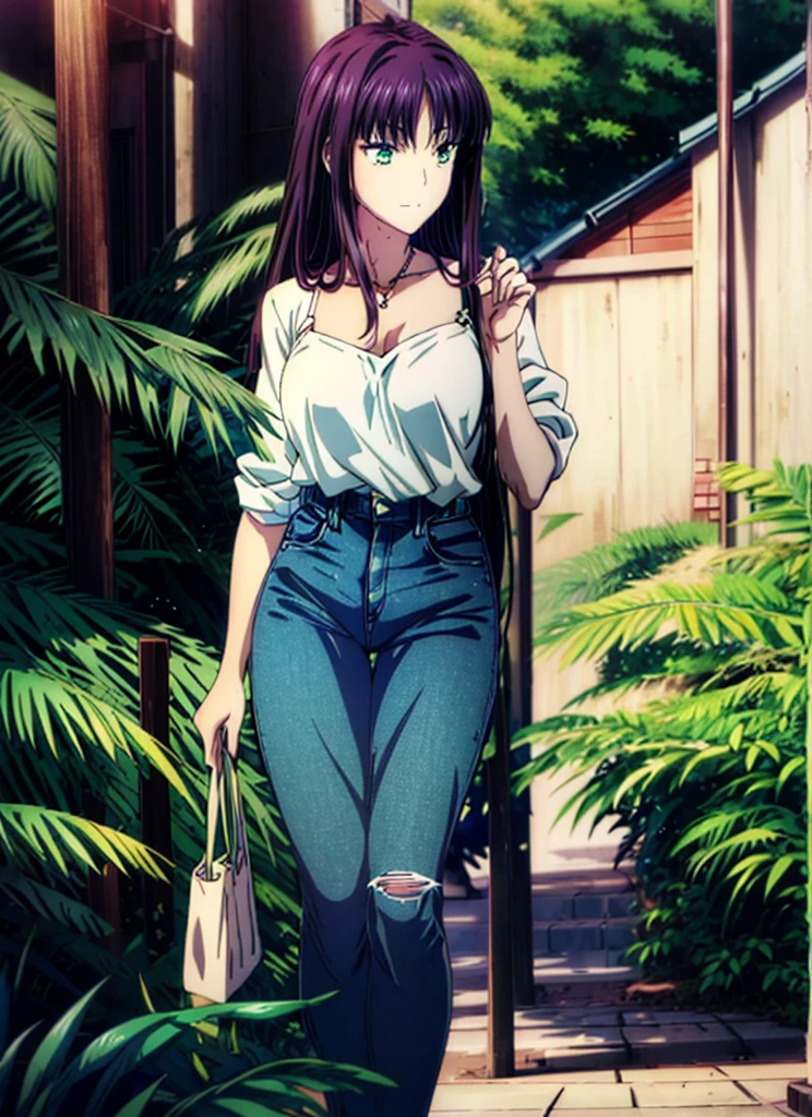 anime girl in jeans and white shirt,, anime lush john 8k woods, Misato Katsuragi, Seductive Anime Girl, anime moe art style, anime visual of a young woman, (Anime Girl), beautiful anime woman, realistic anime art style, anime style 4 k, nffsw,hiquality,Connect ticker and 8K, hight resolution,Very detailed CG, High quality shadows, Detail Beautiful delicate face, Detail Beautiful delicate eyes,BREAK(Wallpapers with highly detailed 8K),(Highly detailed CG 8K wallpaper),Makima (chain saw man),Sukasaha (Fate/grand order),Shimohira Reihua ,Hi-Res,Very delicate and beautiful CG illustration,top-quality,beautiful thigh,big breasts thin waist,(((masutepiece))), (((Best Quality))),8K,32K,​masterpiece,beautiful alluring anime woman,ultra-definition,ultra-detailliert,hight resolution,a hyperrealistic schoolgirl,masuter piece, Best Quality, High quality, High Definition, high quality texture, high quality shadow, high detailing,finely detail,A teenage girl,1girl in,High school students,Solo,Soio,Only one person,Alone,One Person,taki,Mature atmosphere,Leg length,neat and long legs,8 Head Body,stature:171cm,Mature girls,Reddish-purple hair,Reddish-purple hair,Purple hair,cassis colored hair,silky and smooth hair,Colorful hair,Straight hair,Smile,Cool Beauty,Beautuful Women,Neat face, Beautiful realism,Seductive look,Bewitching look,serene expressions,beautiful hairl,She wears a necklace around her neck,Necklace,bead necklace,magatama accessories,A slight smil,Colorful eyes,green colored eyes,Jade-colored eyes,beautidful eyes,Bright eye,Delicat eyes,Eyes Like Gems,Jade Eyes,Hanging eyes,(Green eyes:1.5),Seductive face,Watching the viewer,Model photo,simple background,Black hair, longeyelashes, lightsmile, Reddish-purple hair, cassis colored hair, Hairpin, lightsmile, Seductive smile, Jade-colored eyes, PUPILS SPARKLING, Hanging eyes, multicolored eyes, Anime style, Hyper-Realism, Realism, Anime, 8K, Super Detail, ccurate, Best Quality, 16 K, Anatomically correct, ccurate, nffsw, 16 K, hight resolution, Best Quality,parka,Plain clothe,((Black Lowrise Skinny Long Jeans)),hooded sweatshirt,((Sweatshirt)),stroll,Building Street,Sunlight,blue-sky,stroll,Bustling street,during daytime,Walking,takeout,out,Beautiful five-fingered,fashion modell,cowboy  shot,