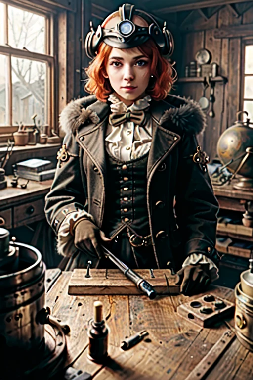 hyper photorealism, perfect anatomy, realistic character, very high contrast lighting, cinematic lighting, dramatic lighting, profile, shot from the back, shot from below, (((a girl on a chair is repairing a machine in the steamy smoky workshop))), (a 19 yo girl, (Ana de Armas:0.70), (redhead:1.1)), very cute and smiley, (perfect eyes:1.1), photorealistic wavy hair, a girl in a steampunk jumpsuit in light gray color, intercom headset, steampunk choker, long leather boots, perfect detailed face, detailed symmetric green eyes with circular iris, fixing a steam engine in the steampunk garage filled with steam and smoke, cogs and gears, steamy background with lots of steam pipes and steam valves and pressure gauges and gears, intricate background, very highly detailed costume, very highly detailed background, steampunk fantasy style, steampunk , steampunk aesthetic, steamy, Canon 5D, f1.8 lens