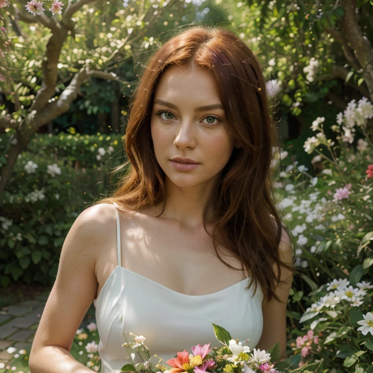 (best quality, realIstic, highres:1.2),one girl,red hair, large emerald green eyes, sniﬀing flower,lush garden scene,title:“Enchanted Blossoms”,oil painting,detailed petals,soft sunlight filtering through trees,birds chirping,colorful butterflies on flowers,vibrant and vivid colors,sunlit meadow, ethereal atmosphere.
