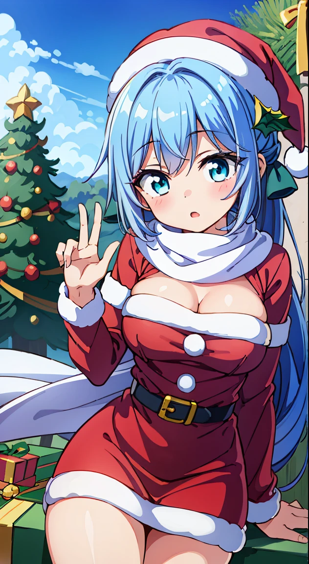 1 beautiful girl, 1 person,Solo,(Cute:1.5),(Chibi:0.6),(kawaii:1.5),(Lori:0.5),(17 years old girl),Very detailed,colourfull,highest details,Clear skin,Beautiful skin,Shy,Very detailed,colourfull,highest details,Clear skin,Beautiful skin,Shy skin,1 beautiful girl,BREAK,{Heterochromia,blue eyess,verd s eyes:1.9},star eye silhouette, BREAK,(pale blue hair, Medium length:1.4),(Side Ponytail,A little curly hair,Single-sided twisted blade,Princess Cut:1.3),(cleavage of the breast,Large breasts,Beautiful , gleaming skin,Clear skin, Beautiful skin,(best quality face),(Top quality glowing eyes),(Doya face,brave face:1.45),BREAK ( santa costume, Red dress:1.65 ), Hat BREAK is vertical striped knit, (Knitted scarves:1.4), Sweaters, Ribbed sweater, a miniskirt, Tight Dress, Black knee socks ,

Break Sitting,  Standing,
Outdoors, day,(Athletic:1.55) ,Blue sky, cumulonimbus clouds, Sunlight, Flowers, garden, forest, Soto, Trees, Wind, Windy, Nature, tussock, (camping:1.4),depth of fields,

BREAK,wakame,wakame,wakame,(Dynamic Poses, Dynamic Angle, close-up, Cowboy Shot, Cowboy Shot:1.4),

BREAK,(Blurry background:1.3),(absurderes, hight resolution, Super Detail Art),cel shading,Clear Color, Lonely optical effect, Beautiful pictures, Bright glow, mystic atmosphere,(Close-up of girl:1.1), Mystical light particle effect,manga influence, clean line drawings,
nice hand, Perfect hands,