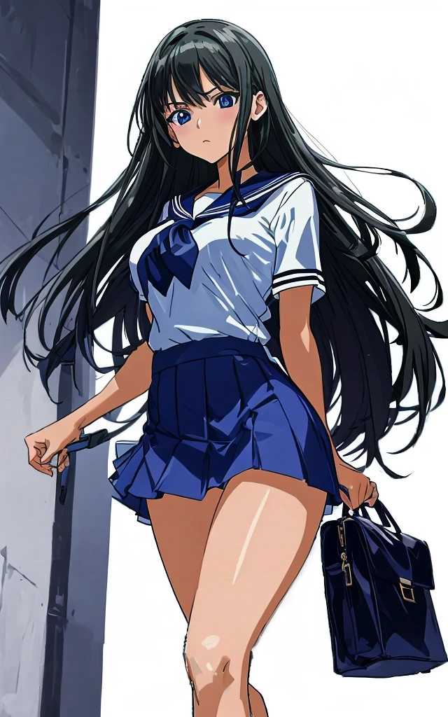 In a building in front of the station, a beautiful woman with long black hair, big breasts, and beautiful legs is standing in a sailor uniform with a white miniskirt, showing off light blue and blue striped panties, and is glaring at a middle-aged office worker.。