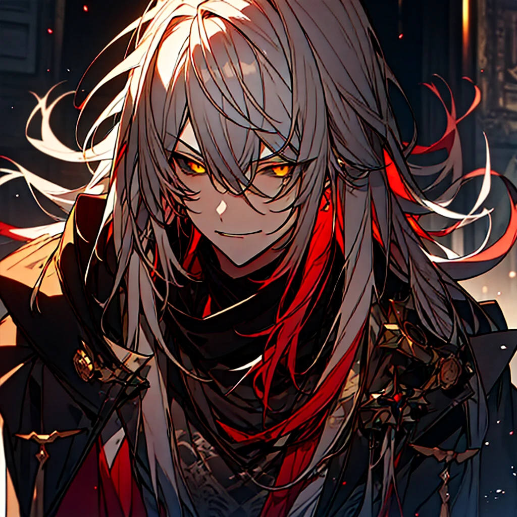 (master piece), best quality, ultra-detailed, illustration, warm lighting, soft lighting, bright colors, 1 adult guy, anime character with white long hair with red tips, shadowverse style, black overcoat, serious, yellow eyes, black sclera.