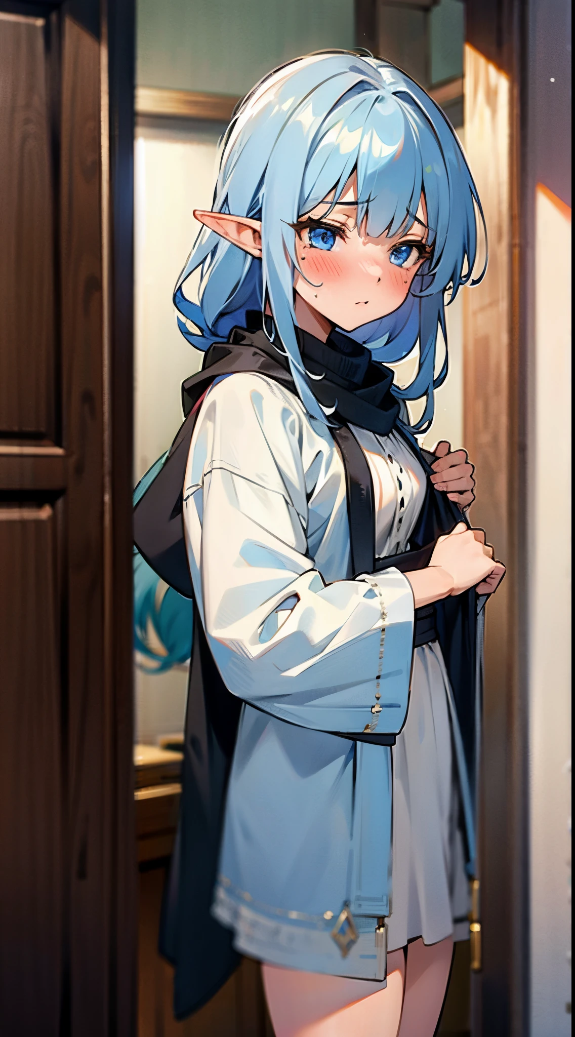 Elf girl changing clothes, blushing, Camera gaze