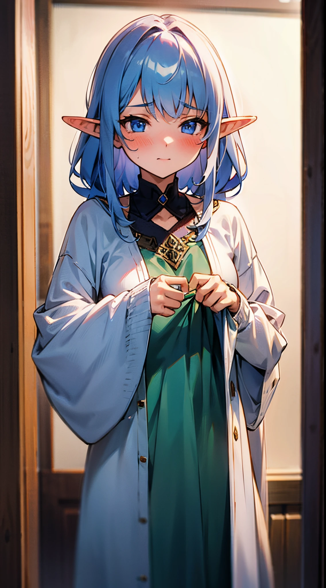 Elf girl changing clothes, blushing, Camera gaze