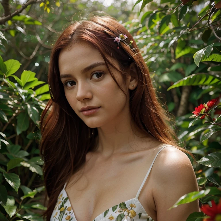 (best quality, Realistic, Altas:1.2),uma ,red hair, grandes olhos verdes esmeralda, cheirando flor,cena exuberante do jardim,title:“Enchanted Flowers”,oil painting,Detailed petals,Soft sunlight filtering through the trees,birds chirping,borboletas coloridas em flores,cores vibrantes e vivas,Prado iluminado pelo sol, ethereal atmosphere.