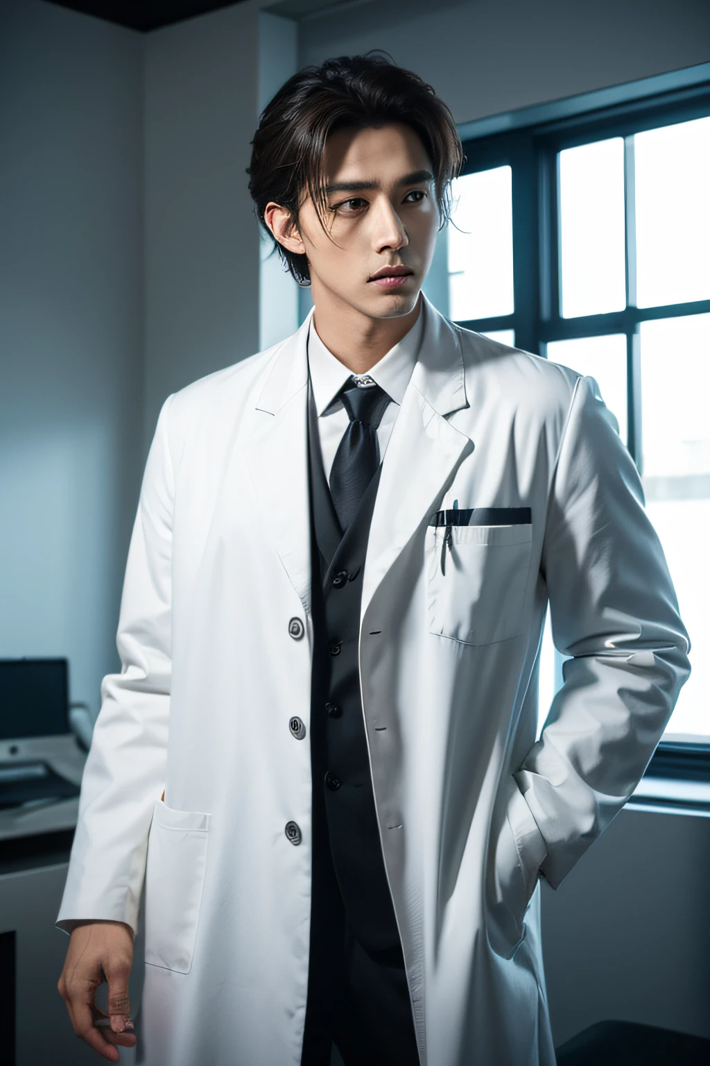 Handsome male forensic doctor wearing white coat and black suit