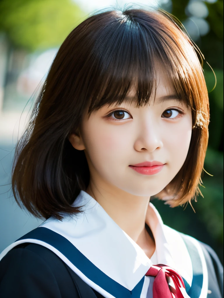 (Masterpiece, highest quality: 1.2), 8K, official art, raw photo, full body Esbian, red camisole, facing upwards, bob hair, thin build, 16 years old, normal chest, (upper body, sailor suit on top, skirt on bottom, Serafuku) :1.4), Beautiful girl, beautiful face, golden hair ornament, close-up, school uniform, short sleeves, gardenia, violasses, street, viewer's perspective, film grain, chromatic aberration, sharp focus, face light, dynamic lighting, Cinematic lighting, detailed eyes and faces, background bokeh, (1 dark red bow tie: 1.2)