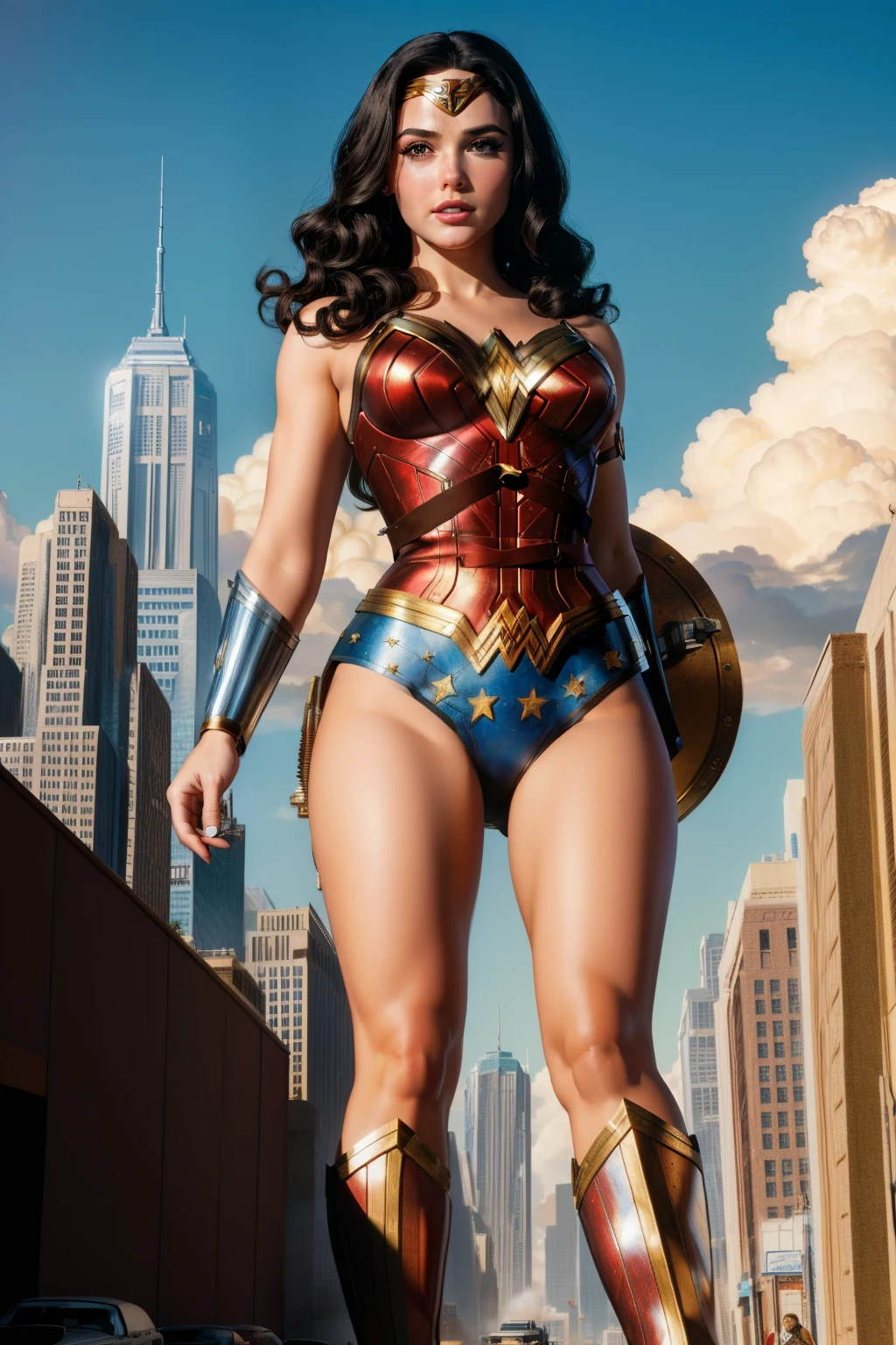 (Masterpiece, Best Quality), 8k Wallpaper, highly detailed, poster, vintage sci-fi film, 1960s, a magazine cover with a giantess Wonder Woman stomping a tiny city, a portrait by Paul Kane, cinematic movie poster, perfect face, Attack of the 50 foot woman, giant woman, tiny city, lines, abstract, mid century modern, movie poster, vintage, tiny destroyed skyscrapers city, retrofuturism, perfect face, beauriful face, wonder woman 60's style, pulp sci fi, pulp sci-fi, 60's pulp illustration, scifi pulp, pulp book cover art, pulp scifi, old retro pulp comic cover, pulp science fiction, pulp scifi illustration, vintage scifi, skyscrapers below her knee, giantess Wonder Woman