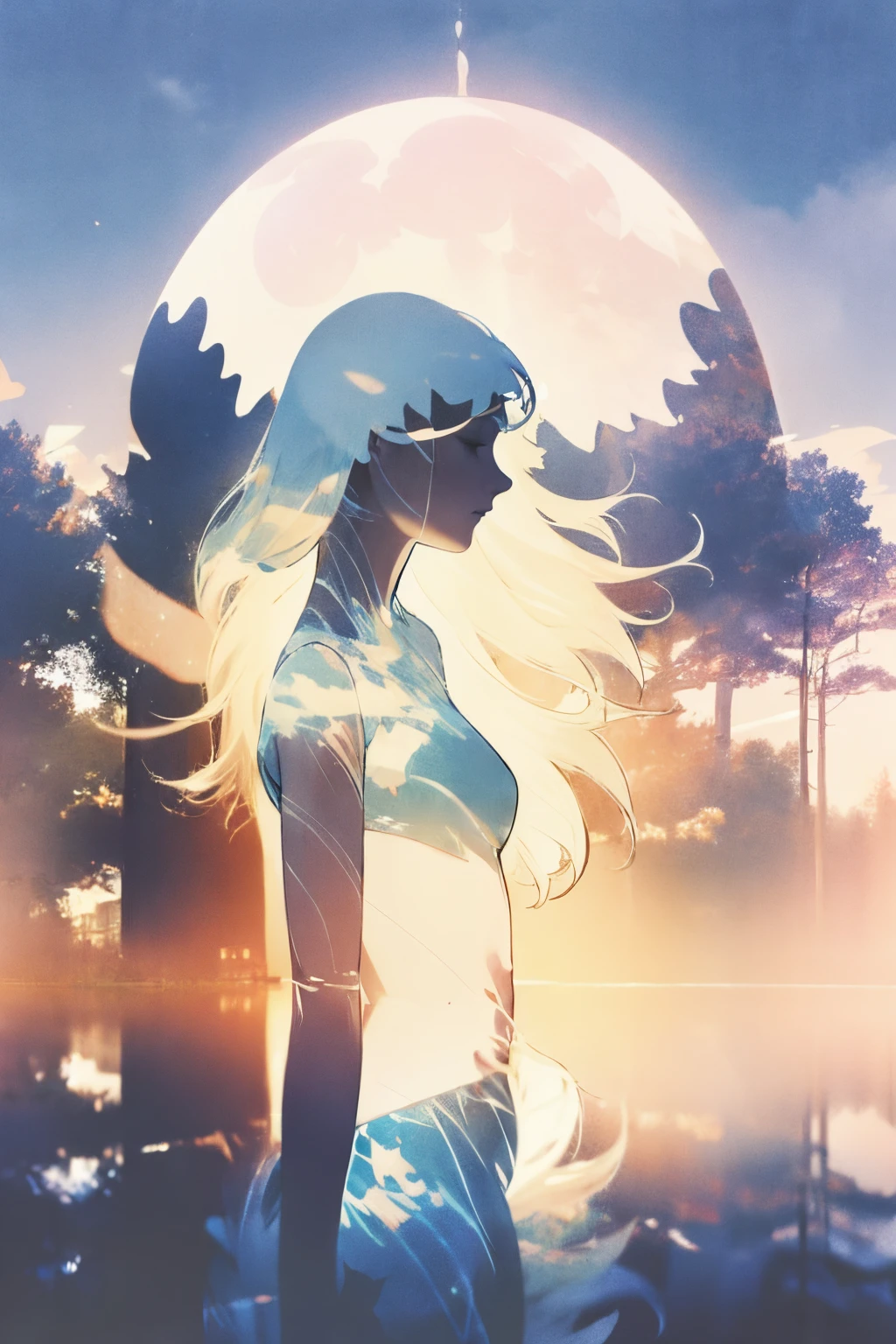 Top quality, masterpiece, A silhouette of a girl gently embracing the beautiful earth,
 landscape orientation, light blue leotard swimsuit with angel wings, double exposure, contrast splashes of light and shadow