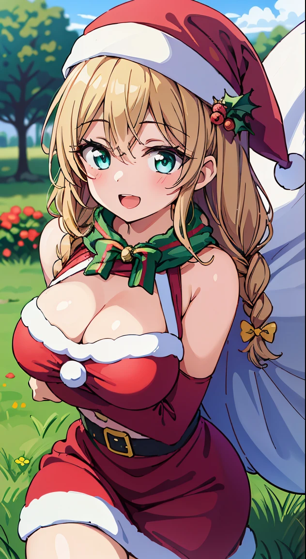 1 beautiful girl, girl with, (Cute:1.5),(Chibi:0.5),(kawaii:2.0),(Lori:2.0),(12 year old girl),(large full breasts:1.65),(Ahoge,Twin braids,Blonde hair, blue bow, Green eyes,eyebrows visible through hair,side locks,Parted bangs,Long hair, Hair Flower, Hair Ornament, Big ribbon in the hair, Curly hair,Bow:1.4),:el,White feathers, one white winged, Angel wings,Spread wings, Glowing wings),pitt \(Kid Icarus\),gleaming skin, Clear skin, shining beautiful skin, Open mouth,Smile, Solo, tusk, Upper teeth,(long eyelashes, Double eyelids:1.2),Solo,gleaming skin, Clear skin, Beautiful skin,(best quality face),(Top quality glowing eyes),(The best smile,Doya face:1.45) BREAK ( santa costume, Red dress:1.65 ), Hat BREAK is vertical striped knit, (Knitted scarves:1.4), Sweaters, Ribbed sweater, a miniskirt, Tight Dress, Black knee socks ,
Break Sitting, Standing,
Outdoors, day,(Athletic:1.55) ,Blue sky, cumulonimbus clouds, Sunlight, Flowers, garden, forest, Soto, Trees, Wind, Windy, Nature, tussock, (camping:1.4),depth of fields,
BREAK,wakame,wakame,wakame,(Dynamic Poses, Dynamic Angle, close-up, Cowboy Shot, Cowboy Shot:1.4),
BREAK,(Blurry background:1.3),(absurderes, hight resolution, Super Detail Art),cel shading,Clear Color, Lonely optical effect, Beautiful pictures, Bright glow, mystic atmosphere,(Close-up of girl:1.1), Mystical light particle effect,manga influence, clean line drawings,
nice hand, Perfect hands,