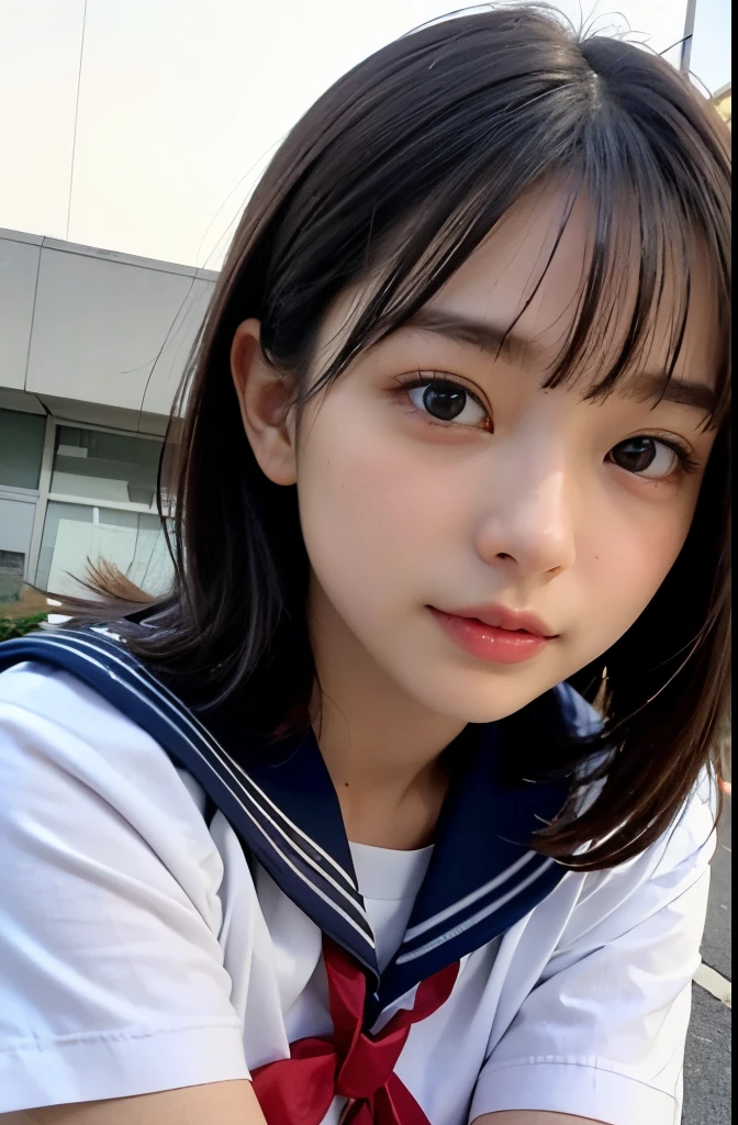(Mastepiece, highest quality: 1.2), 8K, official art, raw photo, full body Esbian, red camisole, facing upwards, medium hair, thin build, , small breasts, smile, (upper body, sailor suit on top, skirt on bottom, Serafuku: 1.4), Beautiful girl, Beautiful face, Curved back, Cute pants, Golden hair ornament, Close-up, School uniform, Short sleeves, Gardenia, Violaces, Street, Looking at the viewer, Film grain, Chromatic aberration, Sharp focus, Face Lights, Dynamic Lighting, Cinematic Lighting, Detailed Eyes and Faces, Background Bokeh, (1 Dark Red Bow Tie: 1.2), Waist Shot,
