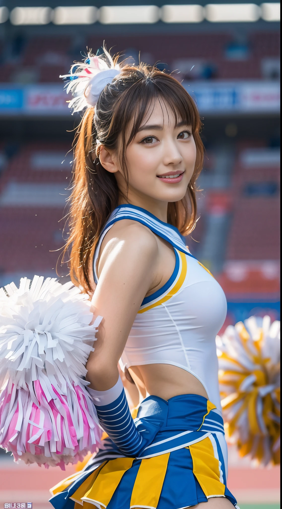 ((top-quality、8K、photographrealistic:1.4、​masterpiece))、Back lighting、highly detailed facial textures women、　A cute Japanese woman、18year old、(((Bull Cheerleader:1.2)))、((Stadium Background:1.2))、with arms up、Camera angle from below、super-detaild skin、beautiful make up、A detailed eye、A smile、open open mouth、（Big and round breasts）Glossy brown messy short hairstyle、Gravure Pose、