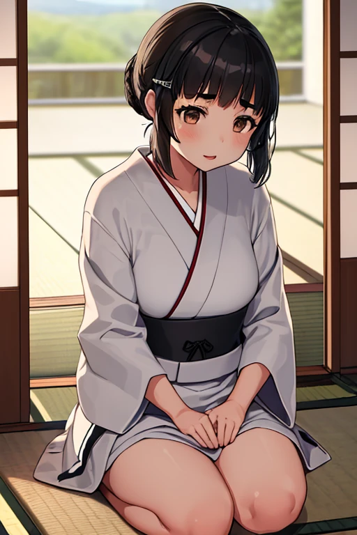 1girl, sozinho,
myoukou \(Kancolle\),
dentro, Japanese-style room, Tatami, Shiromuku,Capuz Branco,quimono branco, Seiza, sorrir,