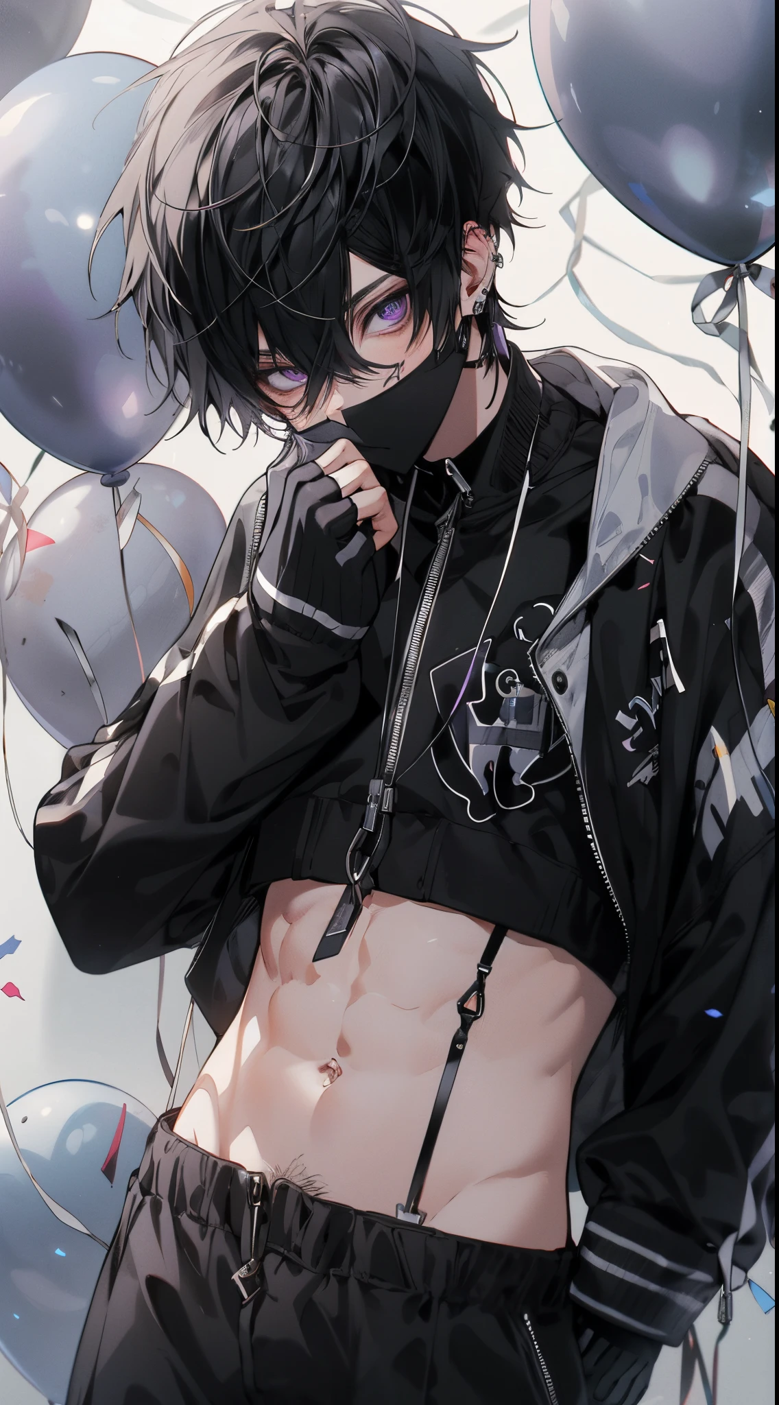 High quality, amount of drawing, pixiv illustration, Beautiful young man, Black hair, Purple eyes, Short hair, Black mask, Balloons, Abs, Hoodie, gloves, slit-eyes,