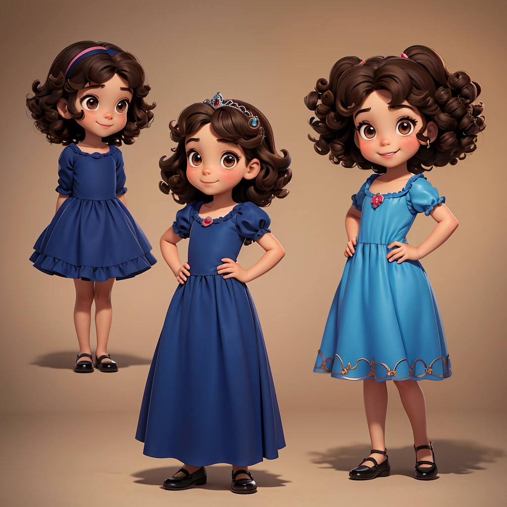 full body image profile poses. of two , a four-year-old , currown r, brown eyes, charming smile, wearing a dark blue dress, fairytale princess style.