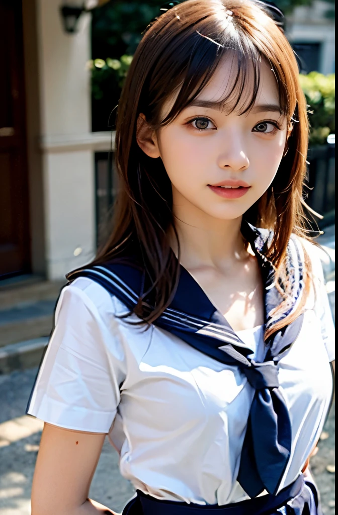 (Mastepiece, highest quality: 1.2), 8K, official art, raw photo, full body Esbian, red camisole, facing upwards, medium hair, thin build, 14 years old, small breasts, smile, (upper body, sailor suit on top, dark blue skirt on bottom, Serafuku: 1.4), Beautiful girl, Beautiful face, Curved back, Cute pants, Golden hair ornament, Close-up, School uniform, Short sleeves, Gardenia, Violaces, Street, Looking at the viewer, Film grain, Chromatic aberration, Sharp focus, Face Lights, Dynamic Lighting, Cinematic Lighting, Detailed Eyes and Faces, Background Bokeh, (1 Dark Red Bow Tie: 1.2), Waist Shot,