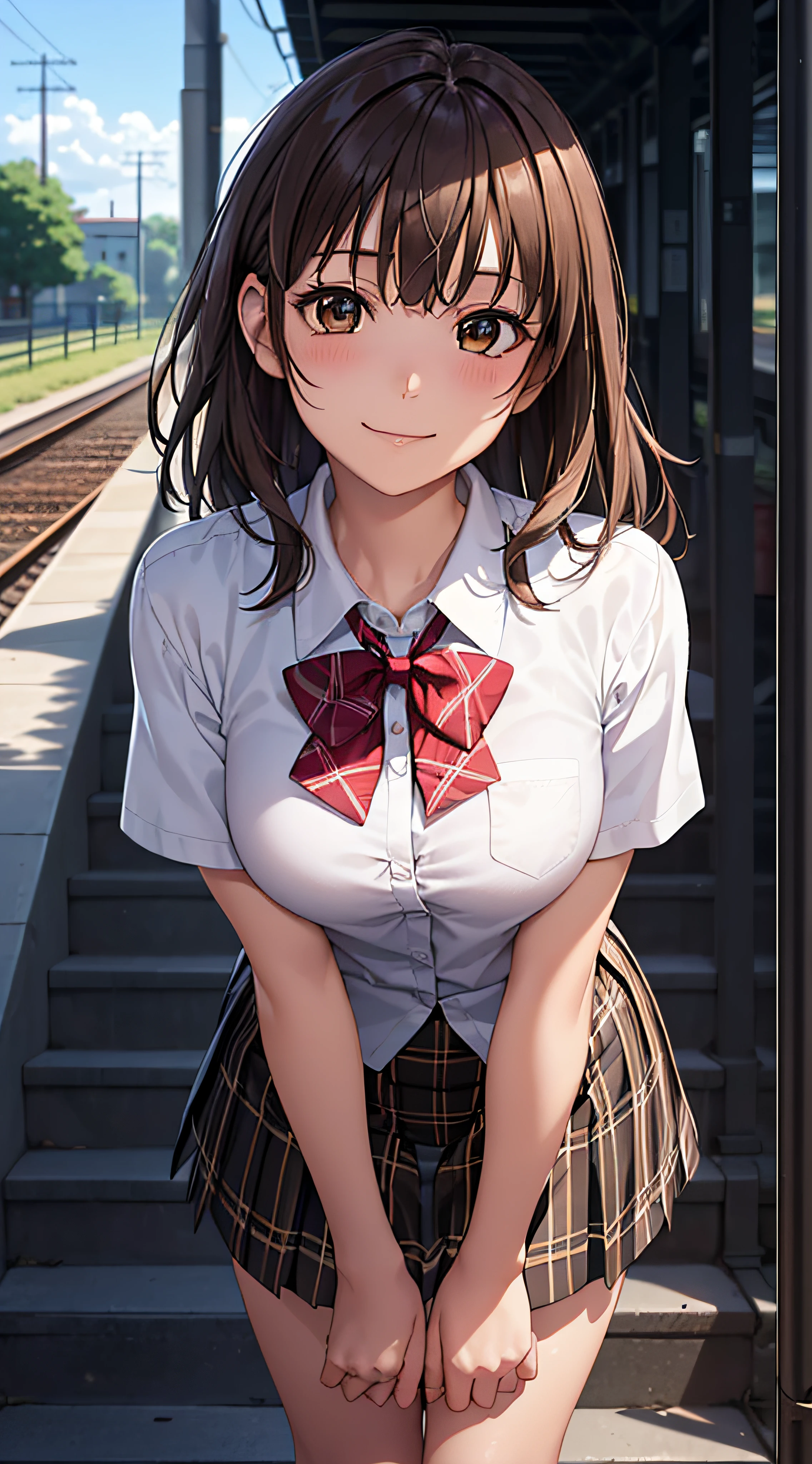 ((masutepiece, Best Quality, hight resolution, nffsw, Perfect Pixel, 4K, nffsw, nffsw))), 1girl in, Single, Solo, Beautie、full body seen、 ((Middle Wave Hair, Bangs, Brown hair)), ((Brown-eyed, Beautiful eyelashes, Realistic eyes)), ((Detailed face, Blushing:1.2)), ((Smooth texture:0.75, Realistic texture:0.65, Photorealistic:1.1, Anime CG style)), medium breasts, Dynamic Angle, Perfect body, ((red bowtie, School uniform, , White shirt, Black skirt, plaid skirts))、train station stairs、Windy、Very embarrassing panic smile、turned around、bending forward、Looking up from the bottom of the stairs、 (The wind pulled up my skirt、Touch the skirt with both hands、、You can see all the buttocks、yellow floral panties)、