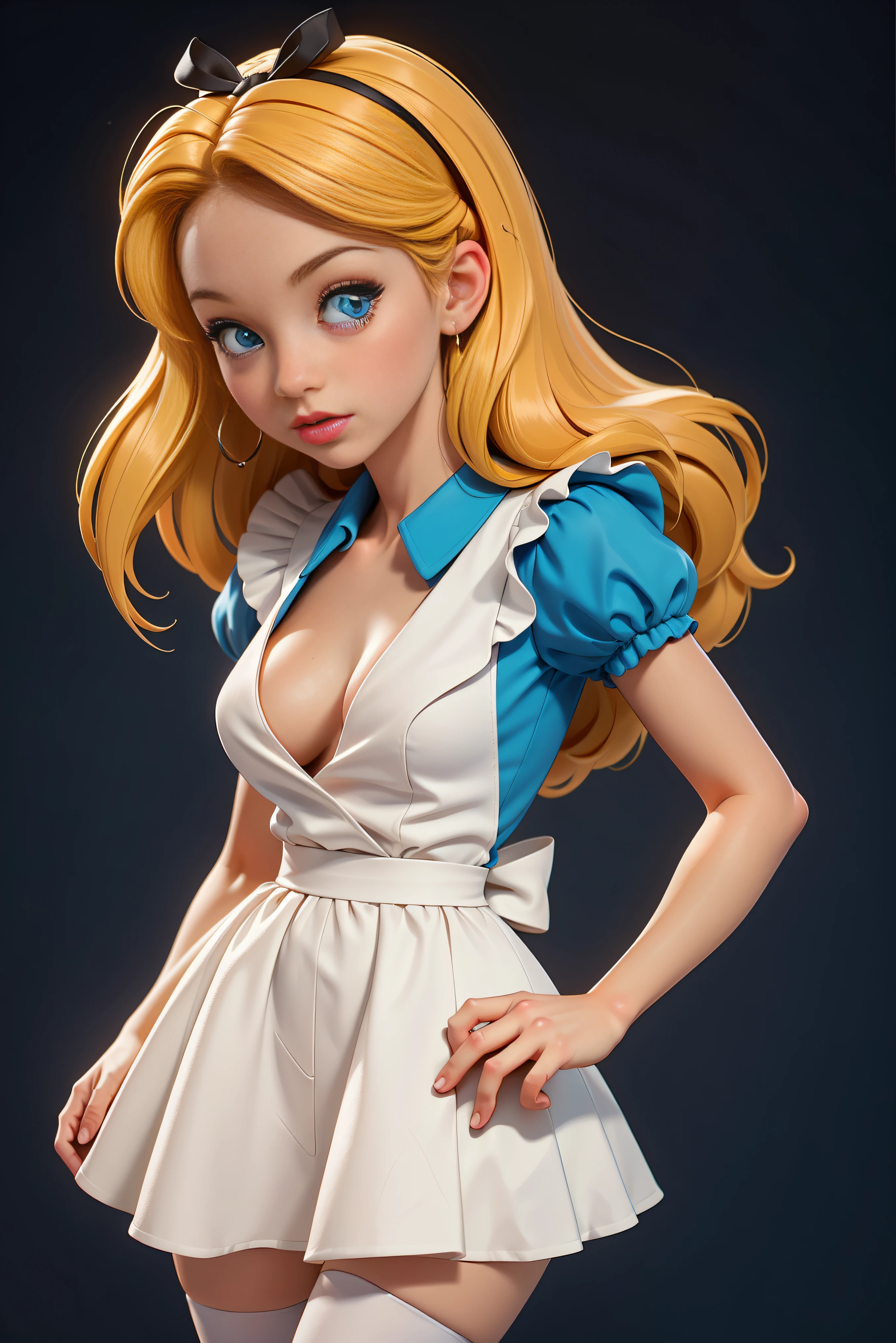 masterpiece, 1girl, solo, make her a sexy Alice in Wonderland with blonde hair, powder blue dress with white apron, white stockings, cleavage, dynamic, ultra high def, 32k, (perfect anatomy:1.5), perfect legs, in the style of Artgerm and Adam Hughes, perfect arms, downblouse