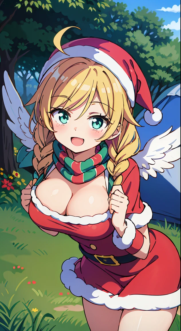 (masutepiece, Best Quality, Perfect Anatomy, High quality:1.4), nice hand, Perfect hands, Detailed beautiful hands, Large_filesize, fulcolor, hight resolution, symmetric, exceptional, Best aesthetic, newest, Anime, very beautiful detailed body,The hair,faces,The eye,
BREAK,
1 beautiful girl, girl with, (Cute:1.5),(Chibi:0.5),(kawaii:2.0),(Lori:2.0),(12 year old girl),(large full breasts:1.65),(Ahoge,Twin braids,Blonde hair, blue bow, Green eyes,eyebrows visible through hair,side locks,Parted bangs,Long hair, Hair Flower, Hair Ornament, Big ribbon in the hair, Curly hair,Bow:1.4),:el,White feathers, one white winged, Angel wings,Spread wings, Glowing wings),pitt \(Kid Icarus\),gleaming skin, Clear skin, shining beautiful skin, Open mouth,Smile, Solo, tusk, Upper teeth,(long eyelashes, Double eyelids:1.2),Solo,gleaming skin, Clear skin, Beautiful skin,(best quality face),(Top quality glowing eyes),(The best smile,Doya face:1.45) BREAK ( santa costume, Red dress:1.65 ), Hat BREAK is vertical striped knit, (Knitted scarves:1.4), Sweaters, Ribbed sweater, a miniskirt, Tight Dress, Black knee socks ,
Break Sitting, Standing,
Outdoors, day,(Athletic:1.55) ,Blue sky, cumulonimbus clouds, Sunlight, Flowers, garden, forest, Soto, Trees, Wind, Windy, Nature, tussock, (camping:1.4),depth of fields,
BREAK,wakame,wakame,wakame,(Dynamic Poses, Dynamic Angle, close-up, Cowboy Shot, Cowboy Shot:1.4),
BREAK,(Blurry background:1.3),(absurderes, hight resolution, Super Detail Art),cel shading,Clear Color, Lonely optical effect, Beautiful pictures, Bright glow, mystic atmosphere,(Close-up of girl:1.1), Mystical light particle effect,manga influence, clean line drawings,
nice hand, Perfect hands,