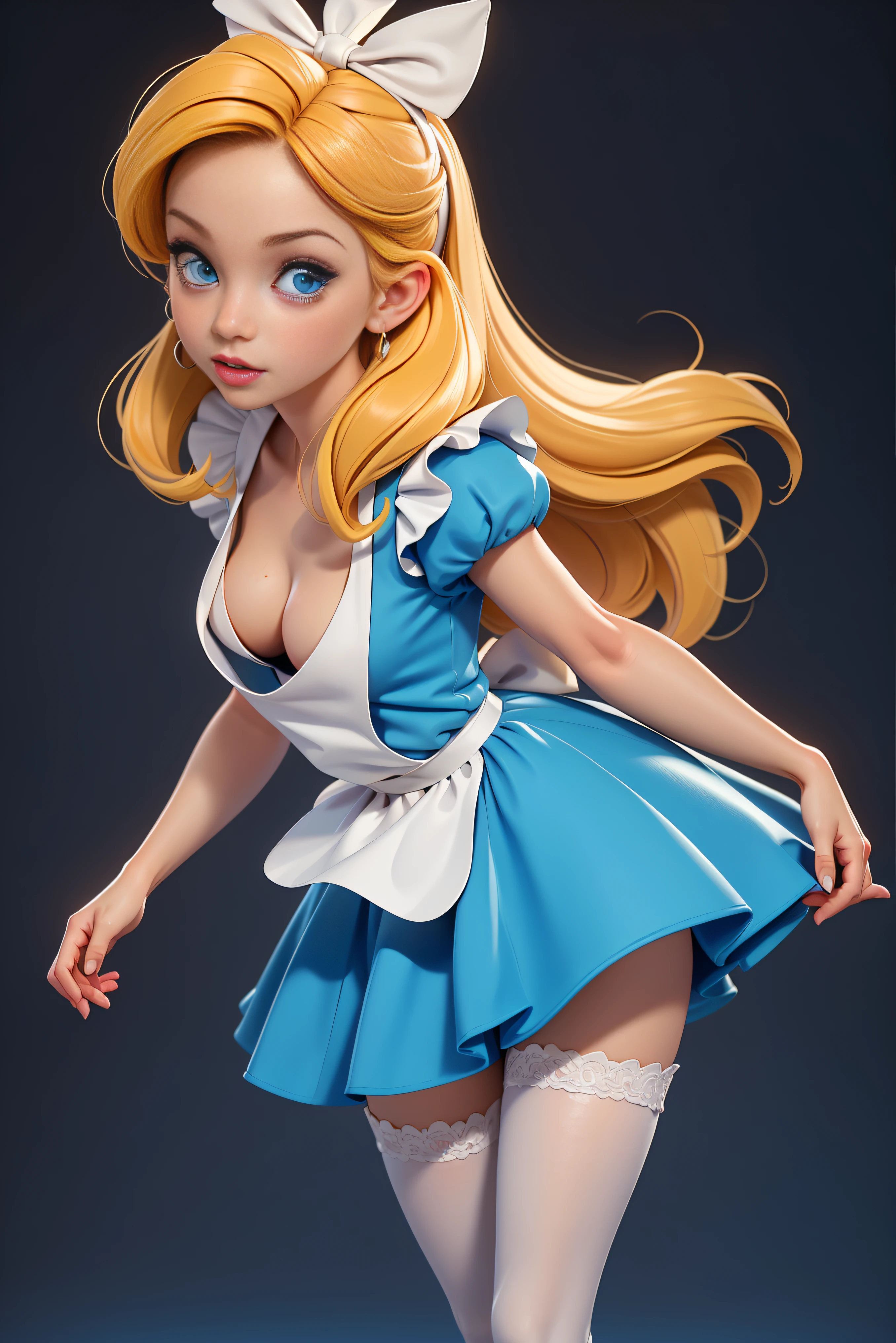 masterpiece, 1girl, solo, make her a sexy Alice in Wonderland with blonde hair, powder blue dress with white apron, white stockings, cleavage, dynamic, ultra high def, 32k, (perfect anatomy:1.5), perfect legs, in the style of Artgerm and Adam Hughes, perfect arms, downblouse