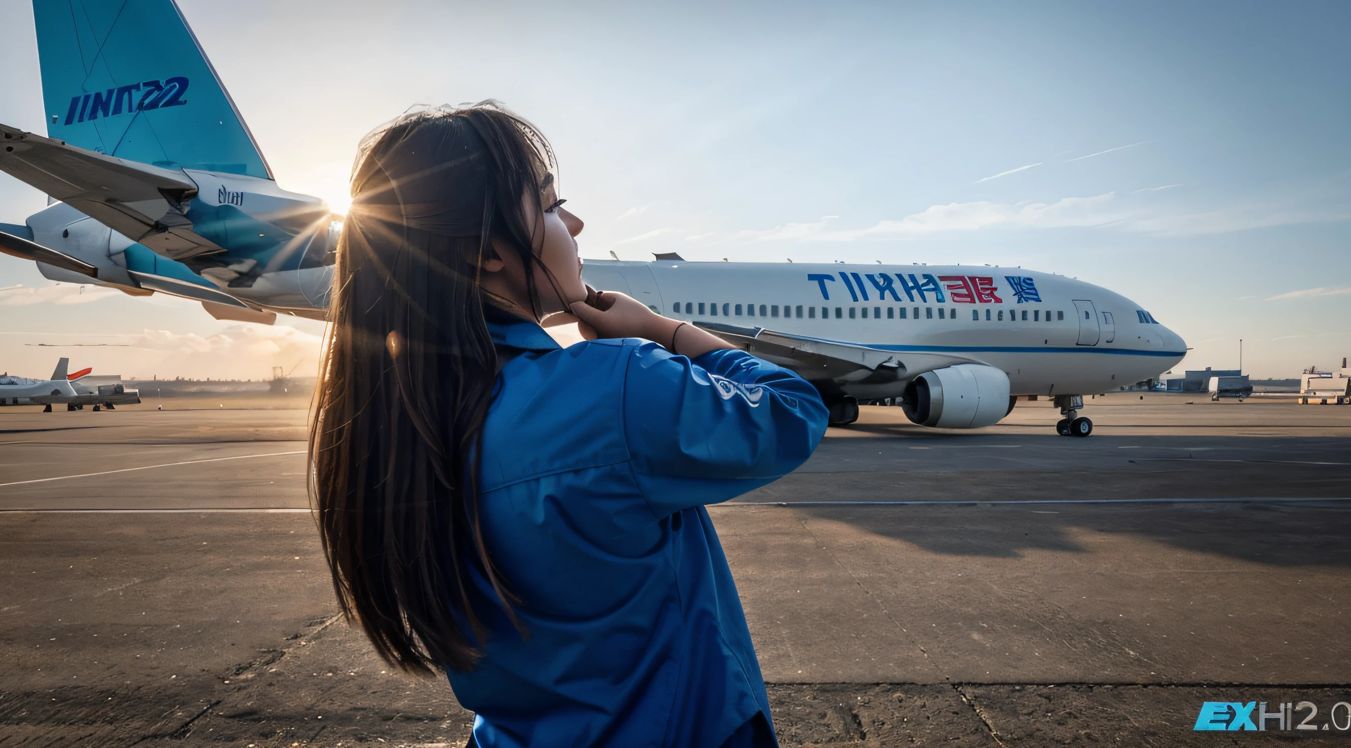 The teenager looked up at the planes flying over the airport runway,Xiamen Airlines logo,(Aircraft rear view 1.2)(huge airplane view 1.2)(Sad Back 1.2)(Super light and shadow)(Extreme light chasing)(Extreme ambient light)(Realistic scenarios)(vague background)(Real photo 1.2)Canon 14mm ultra-wide-angle lens shooting,Extremely complex picture details, extremely complex and delicate materials