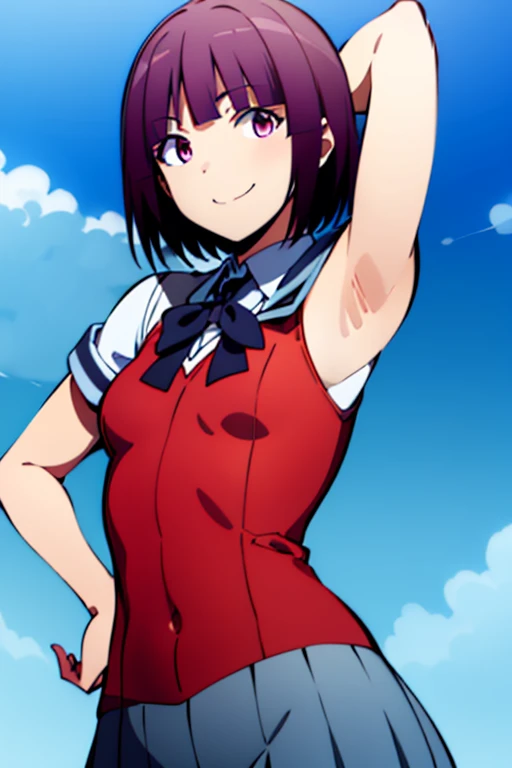 Masterpiece, highres, best quality, 1gril, bangs, YuzukiFuwaR4, school uniform, blue background, upper body, contrapposto, smile, spread armpits, arms behind head,