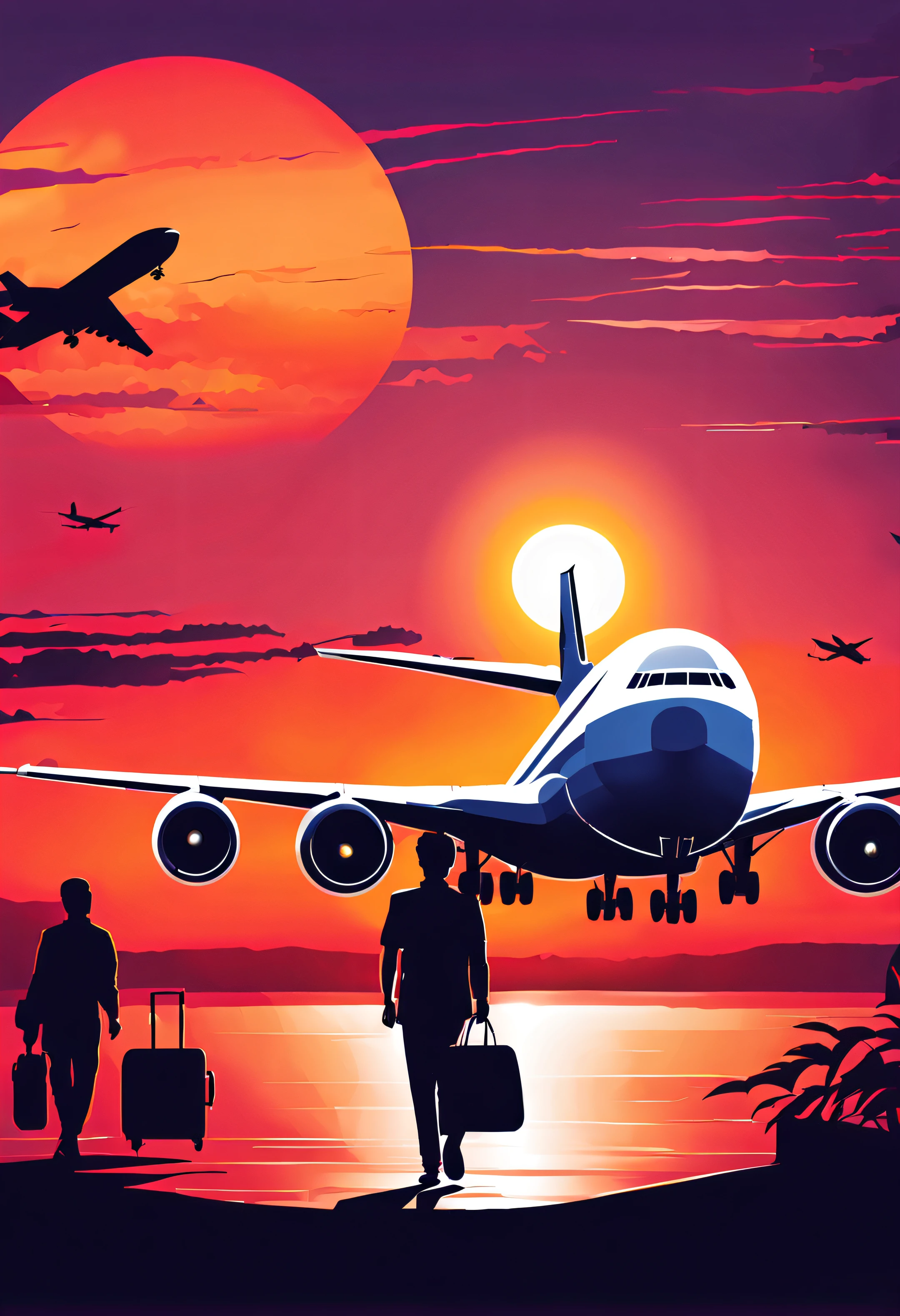 Illustration inspired by Friday road show opening、Stelle、The large、At the venue、A ship passed by、Big sunset on the horizon、what a wonderful sunset、A passenger plane flies over before sunset、Silhouette of a passenger plane、Airliners are、B-747、Dyed background of sunset、The background beautifully dyed.、
