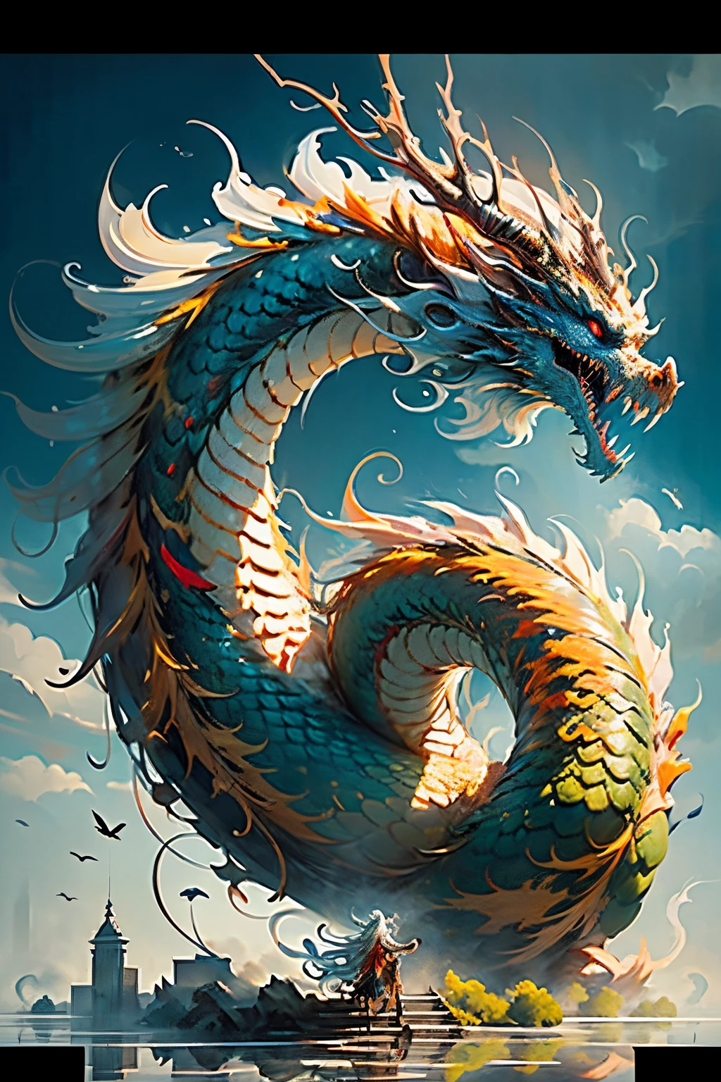 Best quality, masterpiece, super high resolution, no human, (length: 1.2), (fine: 1.2), long hair, sharp teeth, red eyes, teeth, giant, 1 girl, bird, outdoor, standing, scale, cloud, horn, from behind, armor, sky, open mouth, confrontation, charge, monster, size difference, white hair, building, valley, (realistic texture: 1.2), (glowing scales: 1.2), (realistic details: 1.2), (front :1.1), HDR, ultra-refined 3D modeling, as magical as the style paintings painted by Tim Burton, Dale Chihuly, Xiaolong Cheng, Cyril Rolando and other authors such as Jr. Gigue. Shadows and lighting intertwine to create brilliant effects.