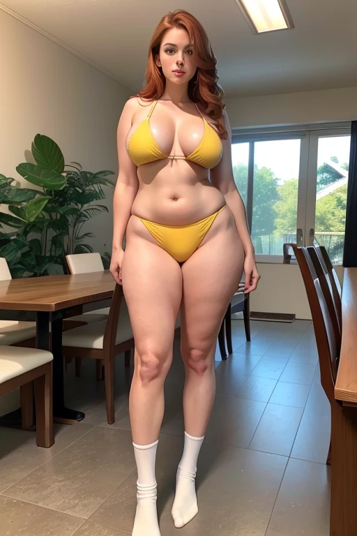 huge breasts, yellow bikini, facing_viewer, DSLR RAW filmgrain photo, shot on iphone, photography, edited in Adobe Lightroom, 1girl, supermodel, woman, large hips, auburn long hair, masterpiece, best quality, brown shoes, full body, posing for a picture, beautifully color-coded, long white socks