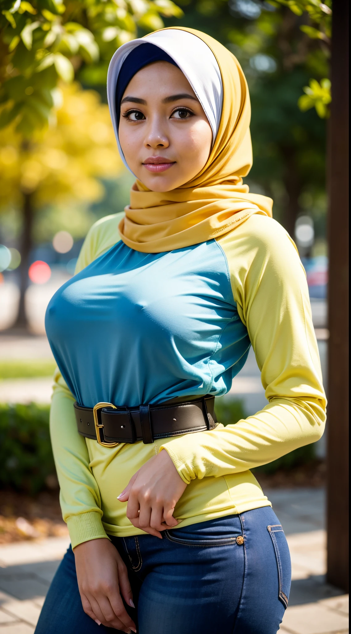 1 Malay girl, modern plain hijab, shy, medium portrait, watery eyes, RAW, Best quality, high resolution, masterpiece: 1.3), beautiful Malay woman in hijap:0.8),perfect nose,perfect lips, perfect eyes, detail :1.2), soft smile,Beautiful woman wearing a hijap, wearing a long turkneck t-shirt, thick waist, beautiful fitting breastig breasts, curvy booty, long eyelashes, thin smile, thick thighs, strong calves, She wears a yellow jacket, tight casual pants, belt, he  waiting in the park, photorealistic, Masterpiece, bokeh, Volumetric lighting, Autumn mood